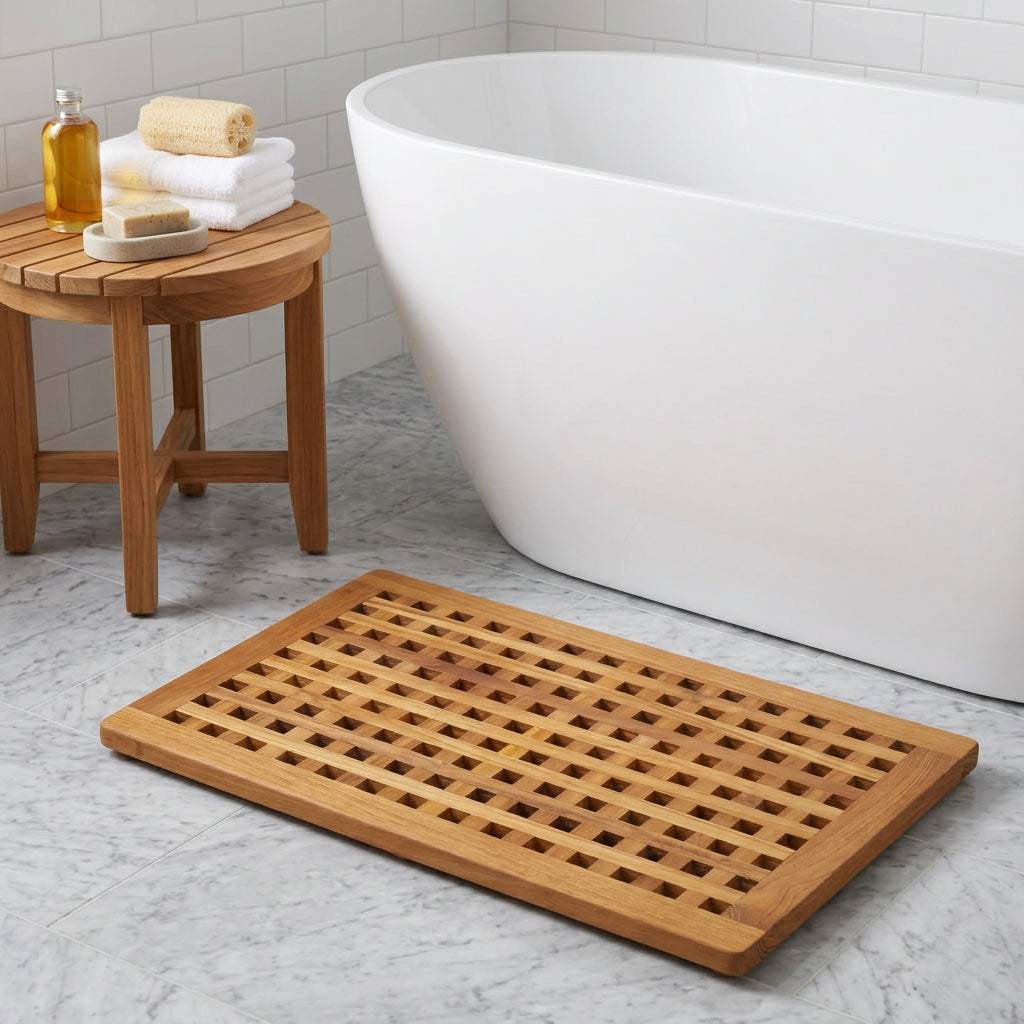 16" Natural Teak Checkered Non Slip Bath Mat - HomeRoots - Flyclothing LLC