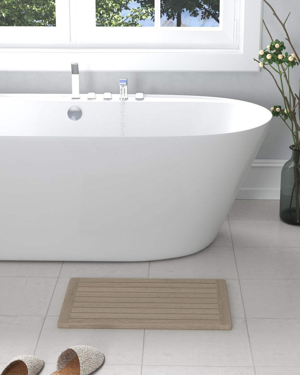16" Beige Gray Teak Non Slip Bath Mat - HomeRoots - Flyclothing LLC