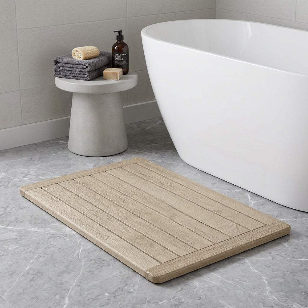 16" Beige Gray Teak Non Slip Bath Mat - HomeRoots - Flyclothing LLC