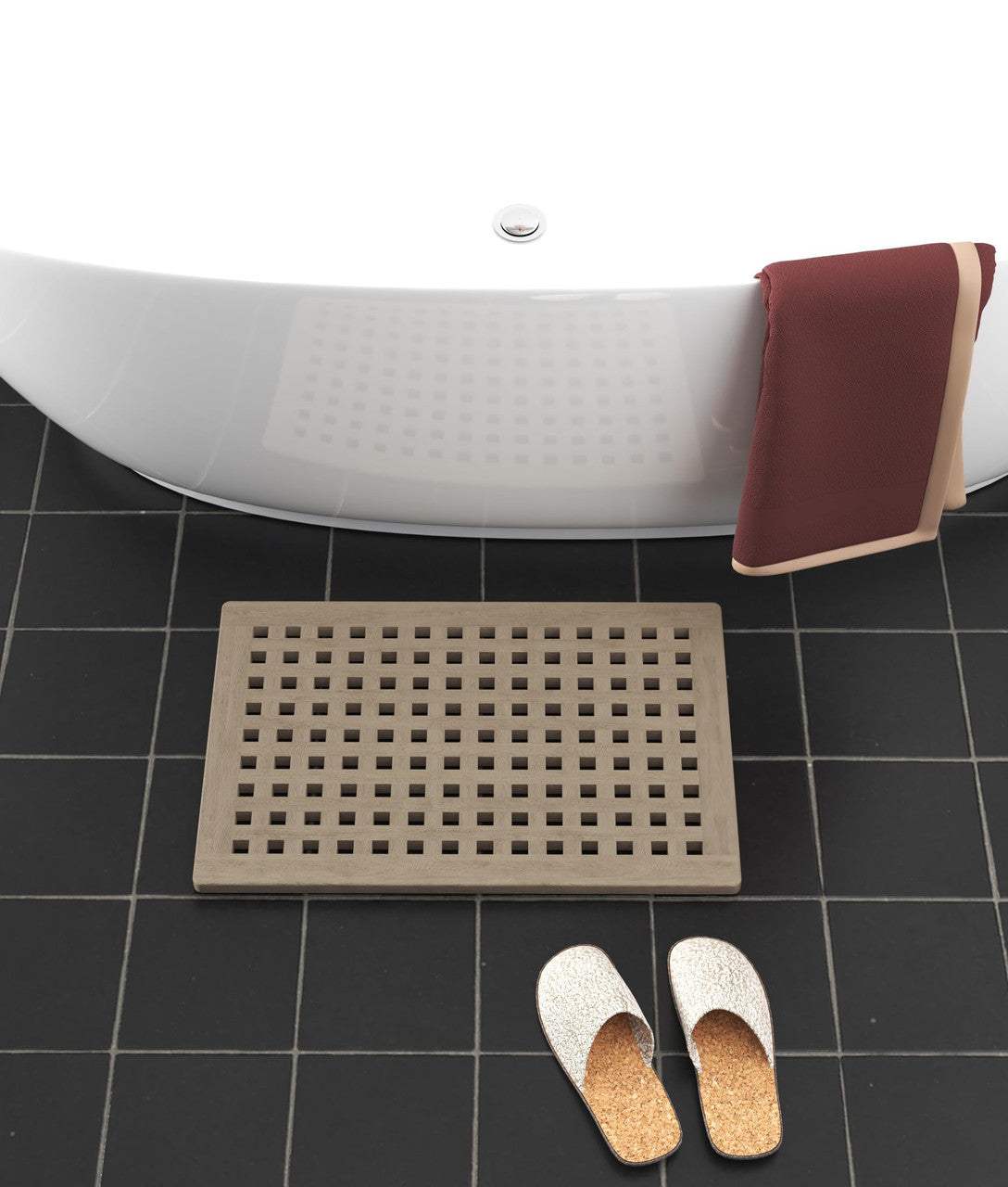 16" Beige Gray Teak Checkered Non Slip Bath Mat - HomeRoots - Flyclothing LLC