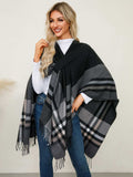 Fringe Contrast Plaid Poncho - Trendsi - Flyclothing LLC