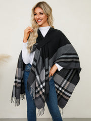 Fringe Contrast Plaid Poncho - Trendsi