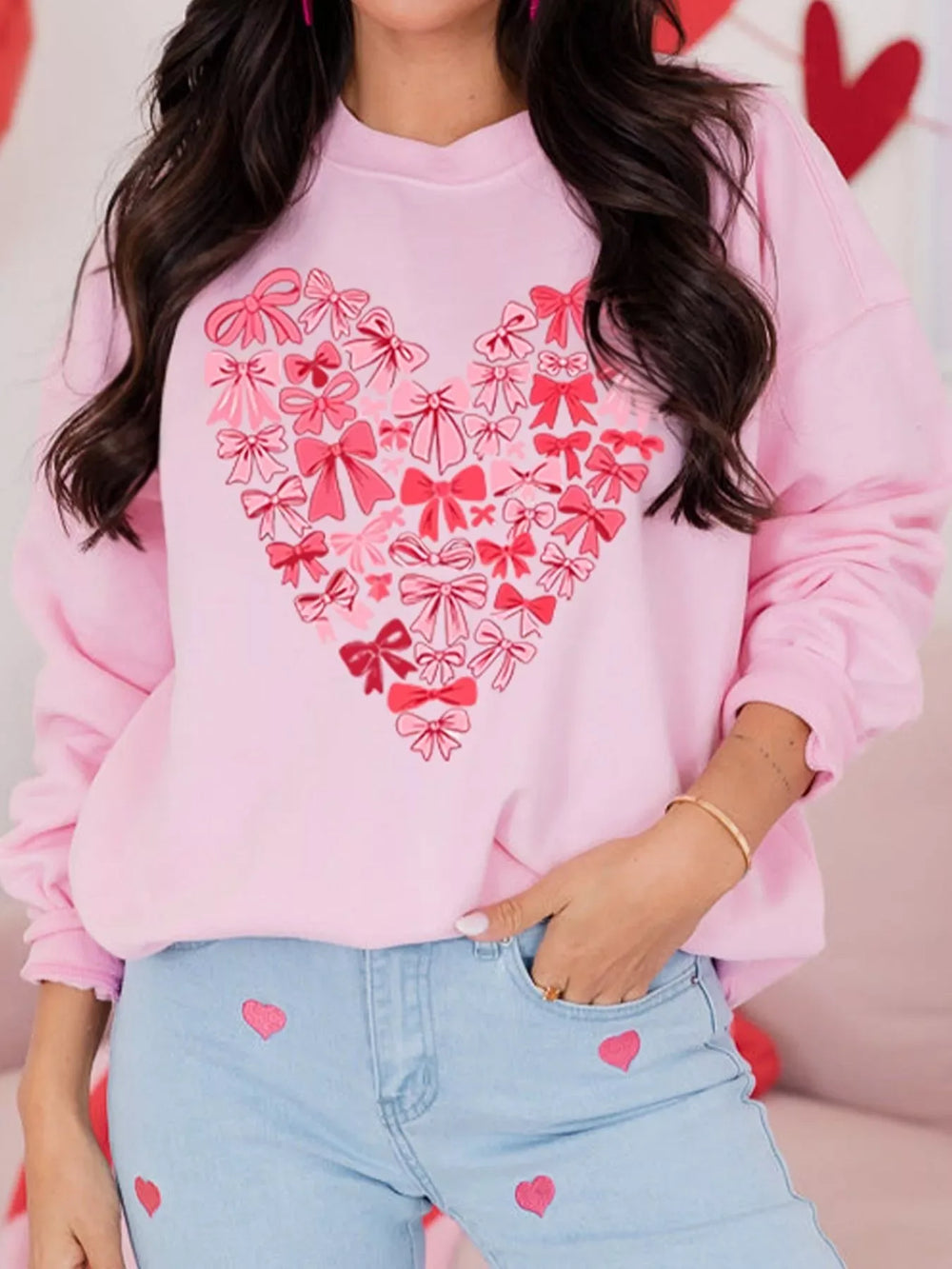 Bow Printed Big Heart Valentines Day Pullover Sweatshirt - Trendsi - Flyclothing LLC