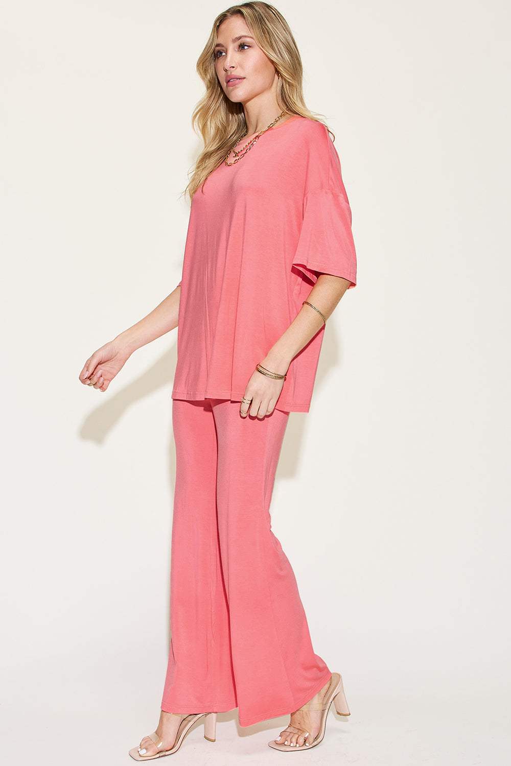 Basic Bae Full Size Bamboo Drop Shoulder T-Shirt and Flare Pants Set - Trendsi - Flyclothing LLC