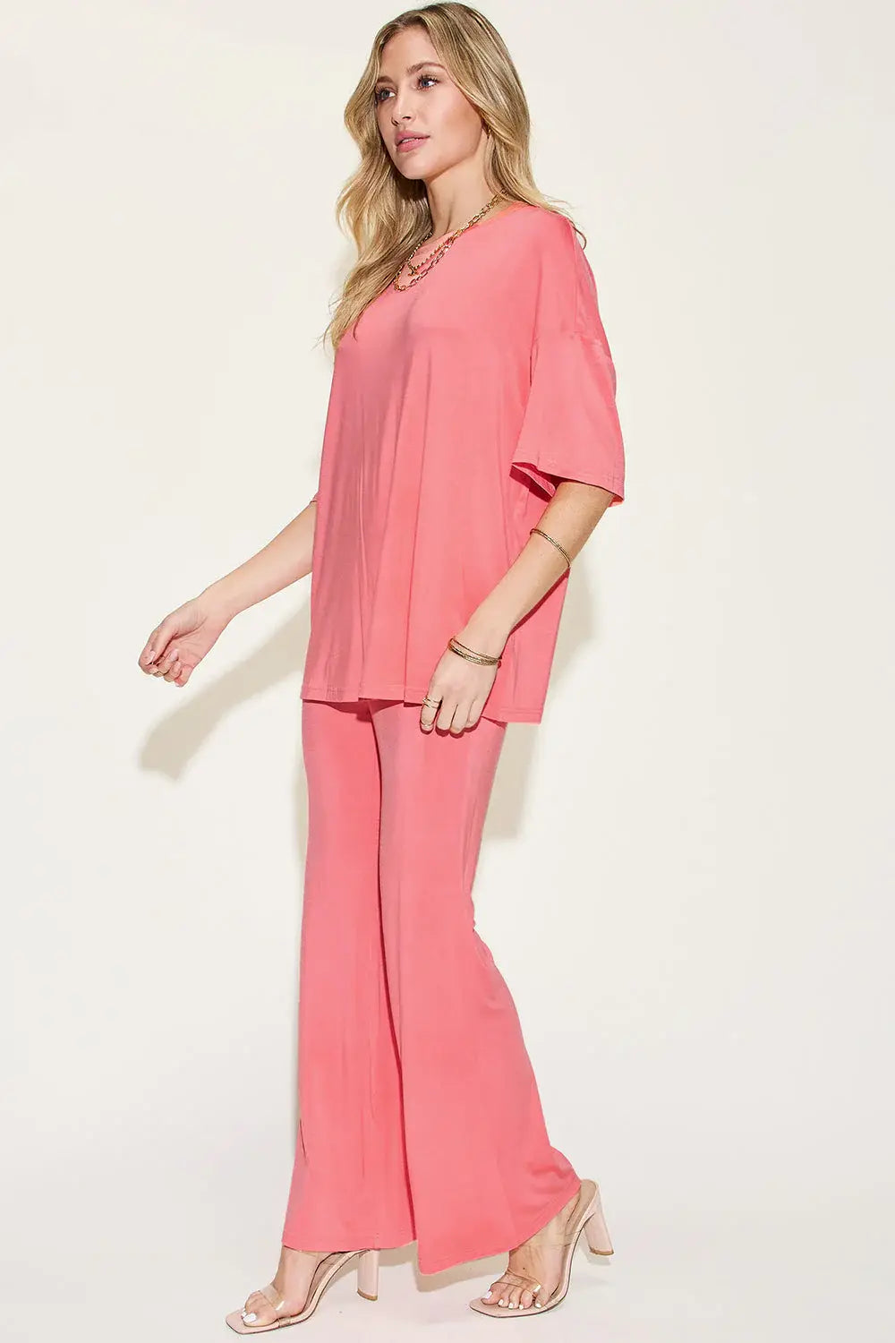 Basic Bae Full Size Bamboo Drop Shoulder T-Shirt and Flare Pants Set - ShopBasicbae - Flyclothing LLC