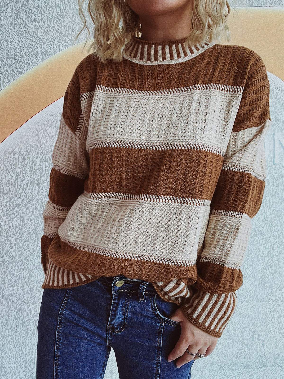 Contrast Round Neck Long Sleeve Sweater - Trendsi - Flyclothing LLC