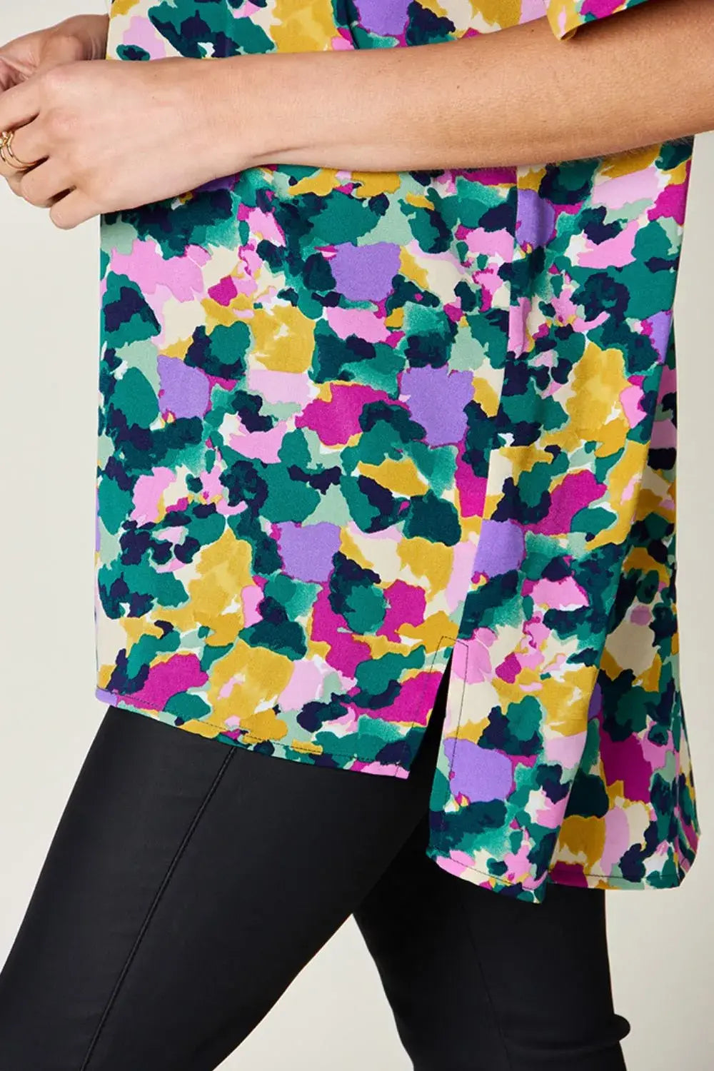 Double Take Full Size Printed V-Neck Short Sleeve Side Slit Top - Trendsi - Flyclothing LLC