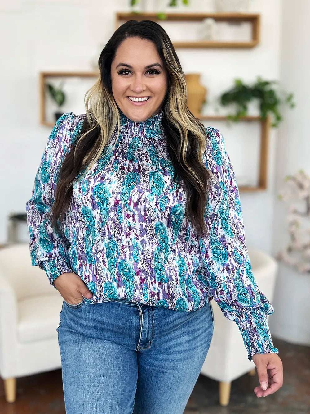 Double Take Full Size Printed Smocked Long Sleeve Blouse - Trendsi - Flyclothing LLC