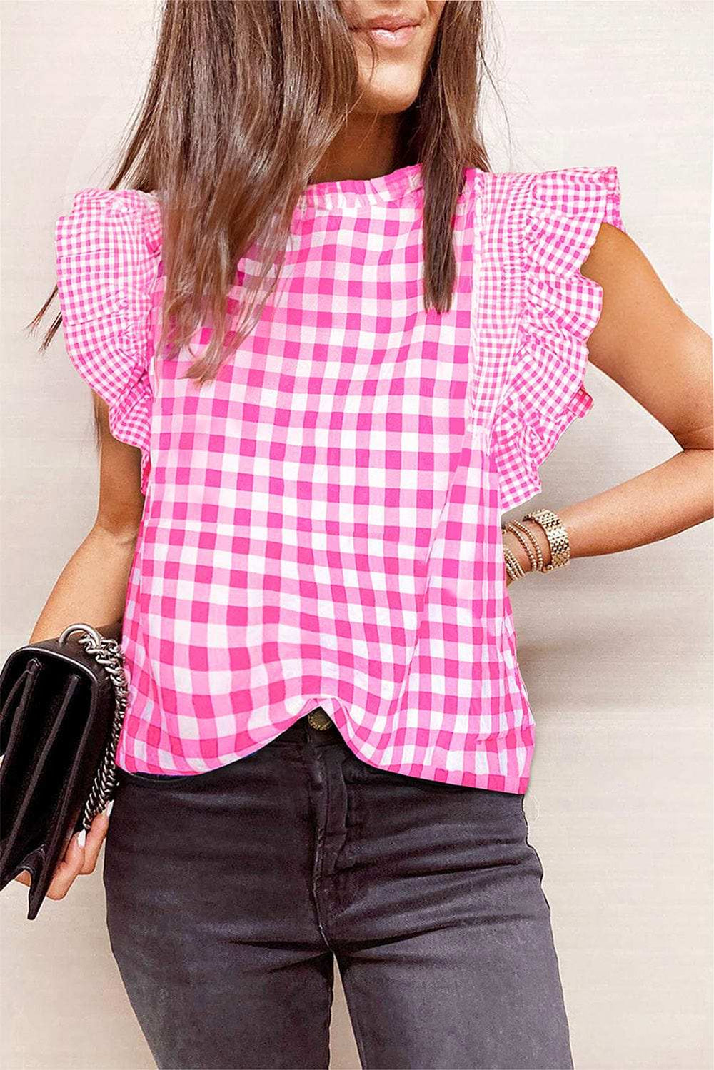 Ruffled Plaid Mock Neck Cap Sleeve Blouse - Trendsi - Flyclothing LLC