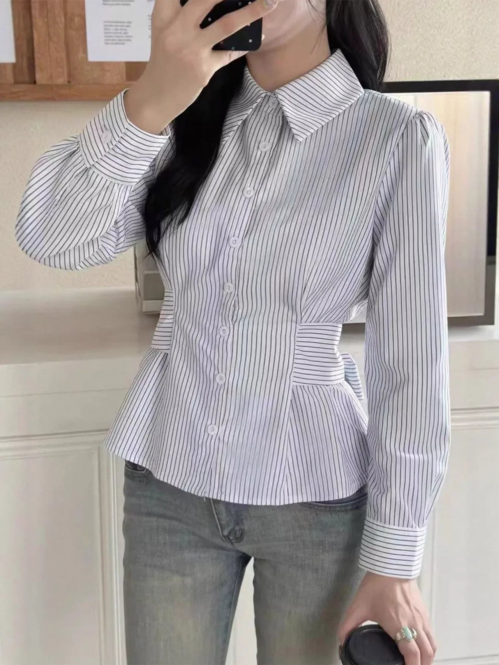 Striped Peplum Button Up Shirt - Trendsi - Flyclothing LLC