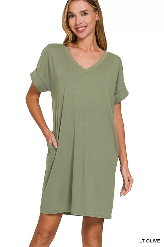 Zenana Brushed Dty Rolled Short Sleeve V-Neck Dress - Trendsi - Flyclothing LLC