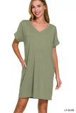 Zenana Brushed Dty Rolled Short Sleeve V-Neck Dress - Trendsi - Flyclothing LLC