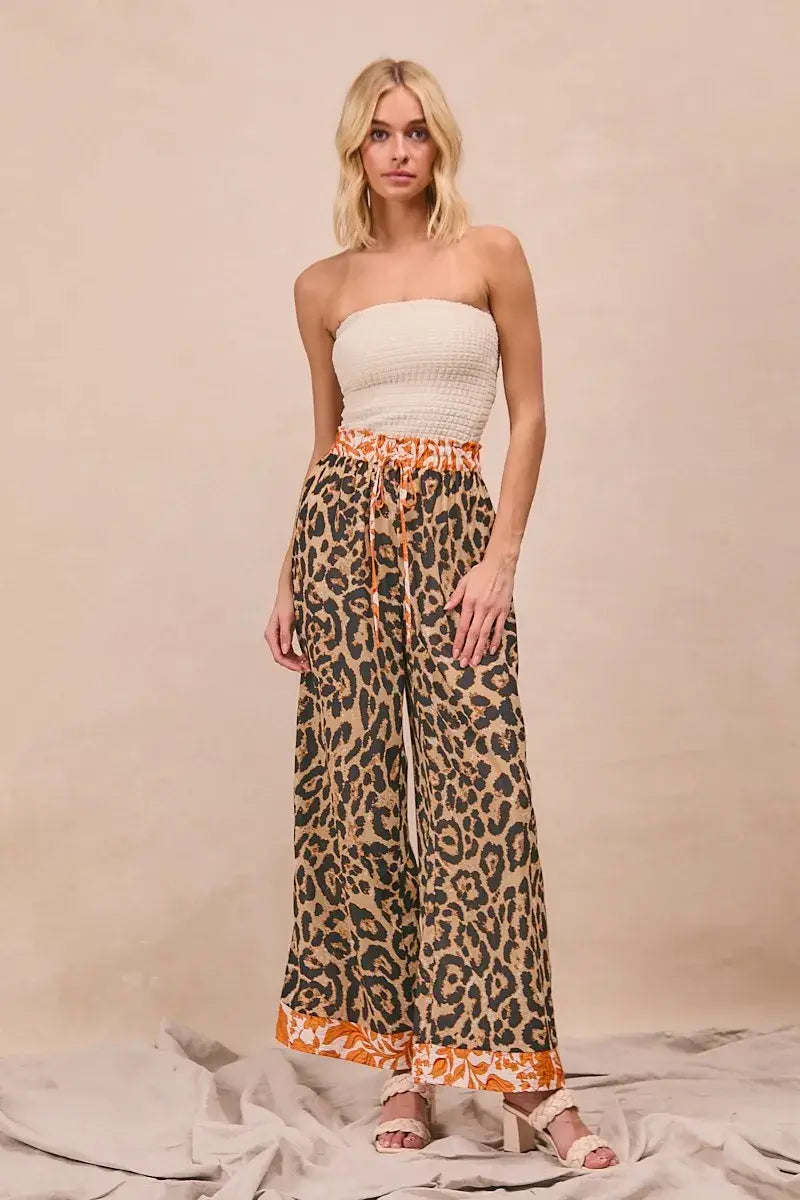 BiBi Leopard Print With Contrast Banded Wide Pants - Trendsi - Flyclothing LLC