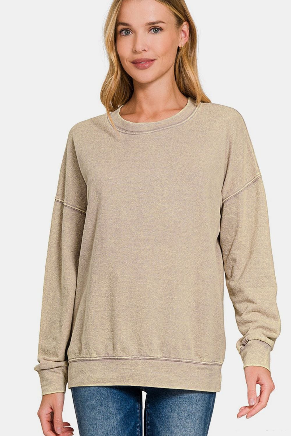 Zenana Washed Round Neck Dropped Shoulder Sweatshirt - Trendsi