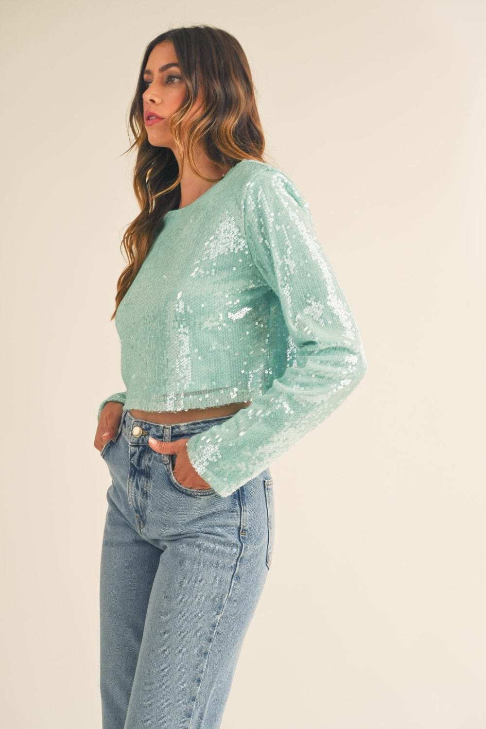 MABLE Shoulder Padded Sequin Crop Top - Trendsi - Flyclothing LLC