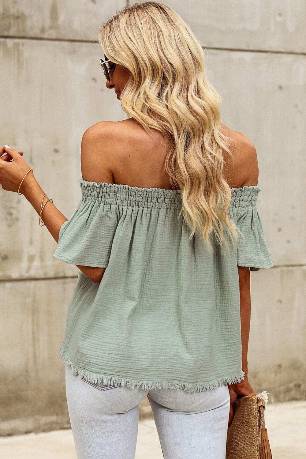 Off-Shoulder Short Sleeve Blouse - Trendsi - Flyclothing LLC