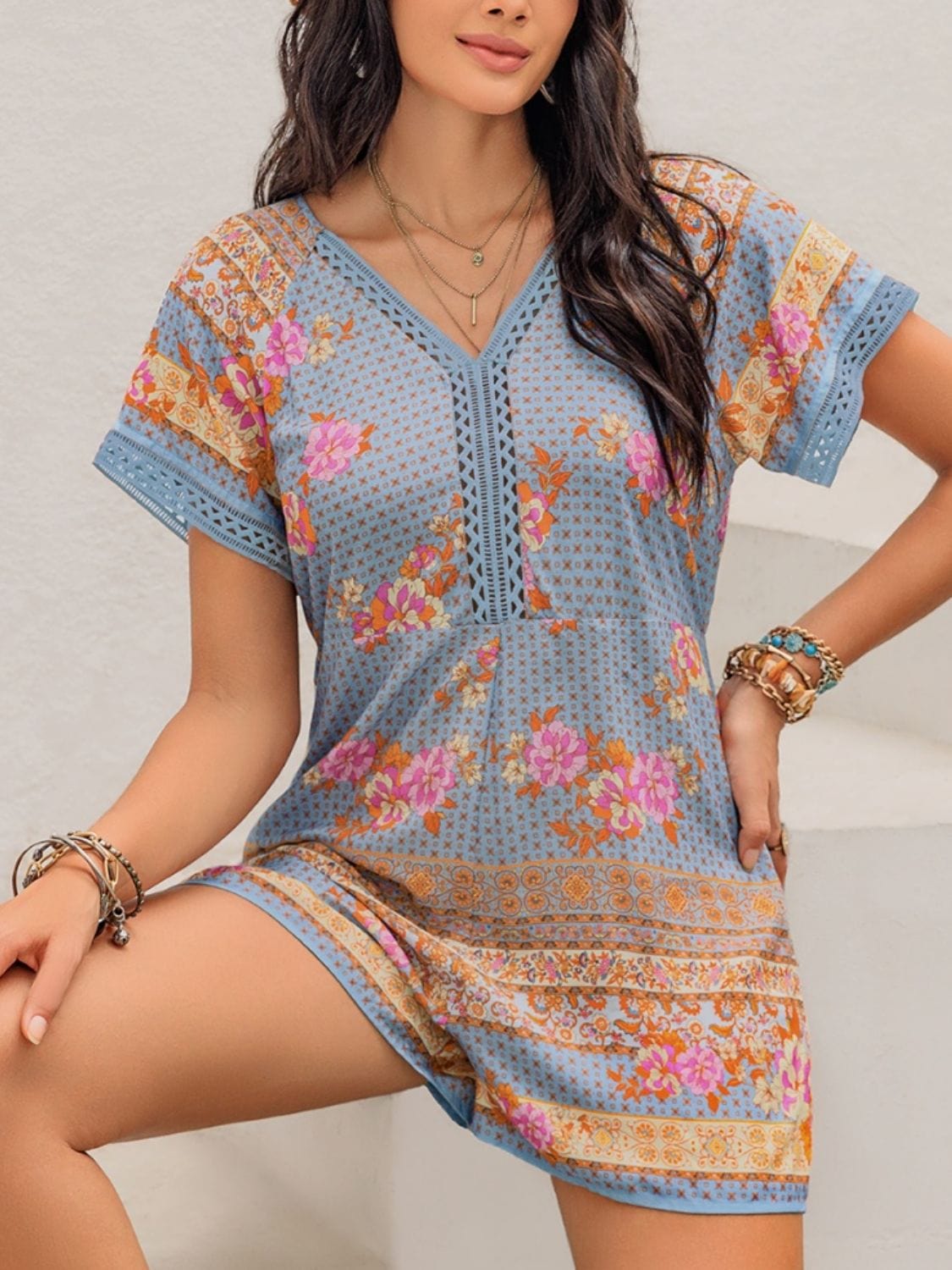 Printed V-Neck Short Sleeve Romper - Trendsi
