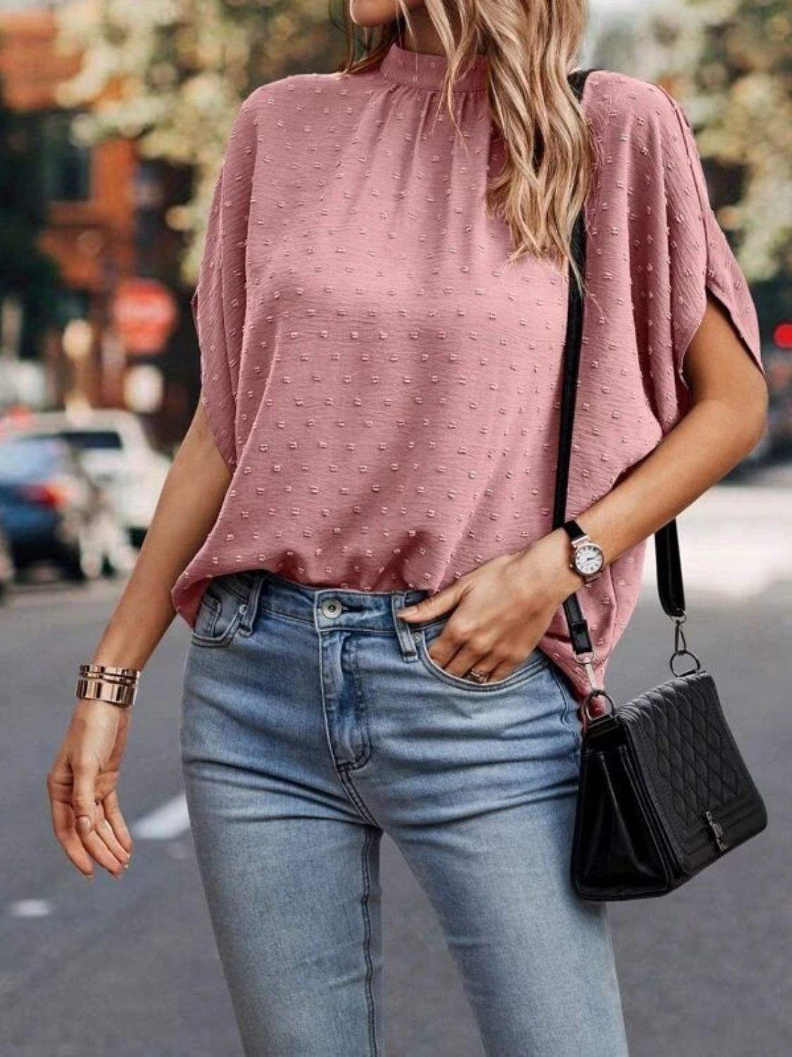 Swiss Dot Mock Neck Half Sleeve Blouse - Trendsi - Flyclothing LLC