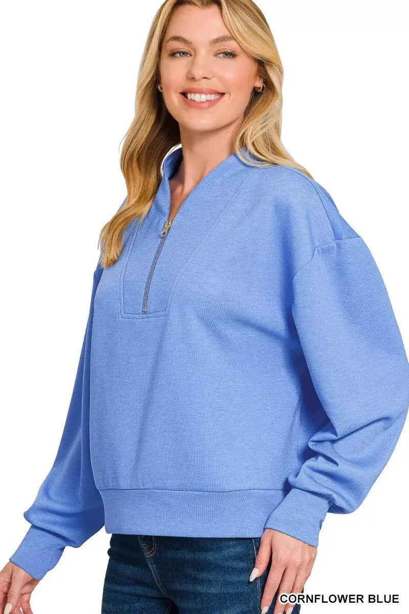 Zenana Scuba Half Zip Drop Shoulder Sweatshirt - Trendsi - Flyclothing LLC