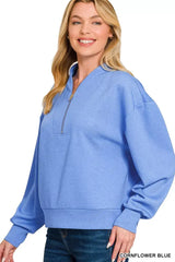 Zenana Scuba Half Zip Drop Shoulder Sweatshirt - Trendsi - Flyclothing LLC