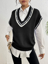 Pearl Trim Contrast V-Neck Sweater Vest - Trendsi - Flyclothing LLC
