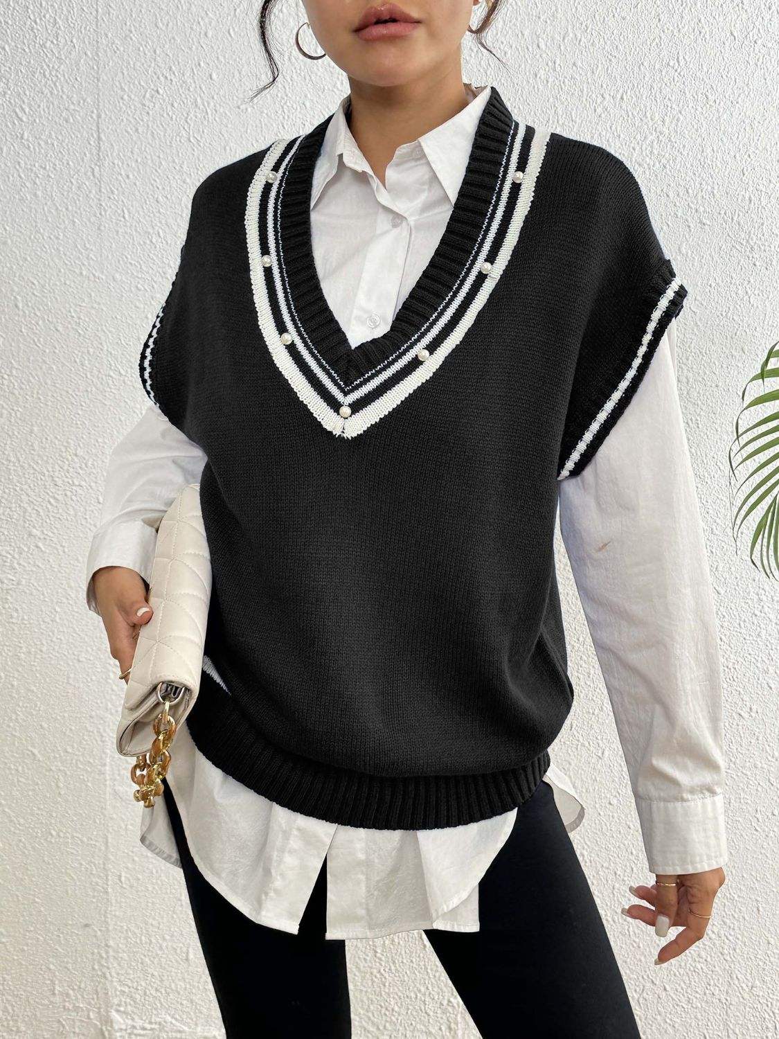 Pearl Trim Contrast V-Neck Sweater Vest - Trendsi - Flyclothing LLC