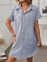 Striped Button Down Short Sleeve Mini Dress - Trendsi - Flyclothing LLC