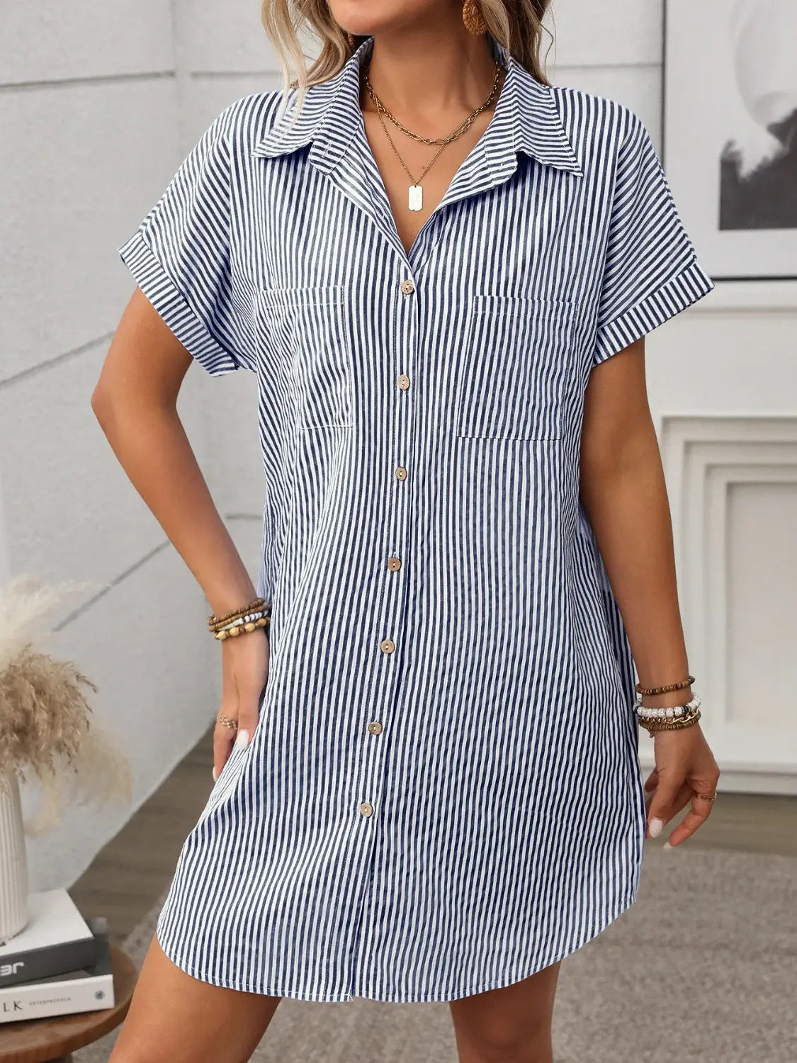 Striped Button Down Short Sleeve Mini Dress - Trendsi - Flyclothing LLC