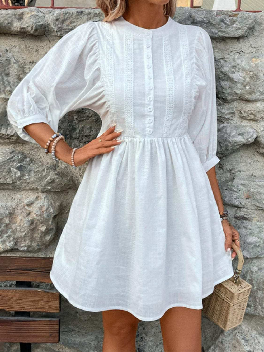 Lace Detail Half Button Three-Quarter Sleeve Dress - Trendsi - Flyclothing LLC