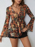 Printed V-Neck Flare Sleeve Top - Trendsi