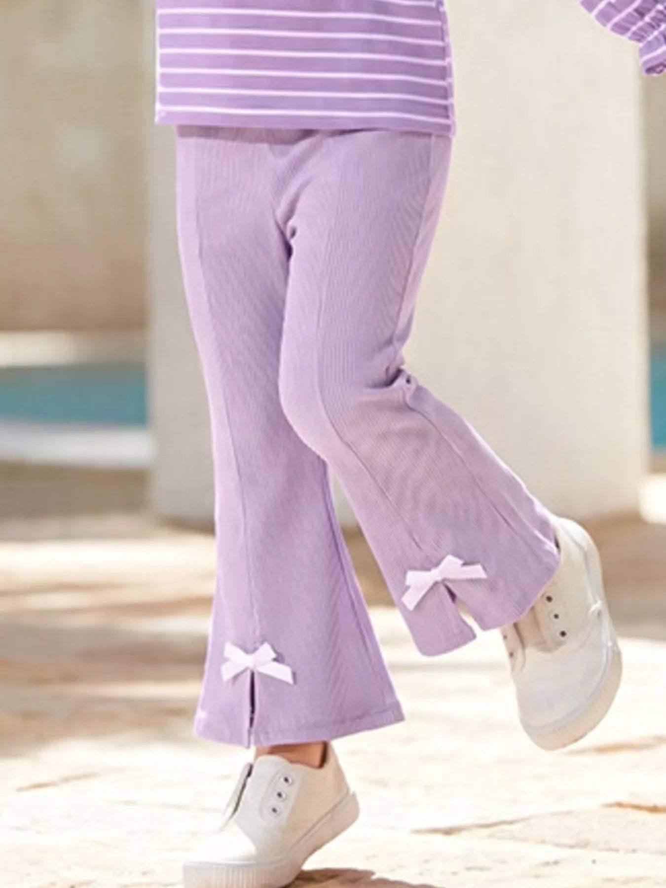 Children's Striped Ruffle Collar Top and Bow Flare Pants Set - Trendsi - Flyclothing LLC