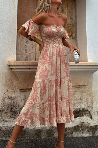 Smocked Off-Shoulder Printed Midi Dress - Trendsi