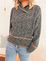 Ribbed Contrast Trim Long Sleeve Sweater - Trendsi - Flyclothing LLC