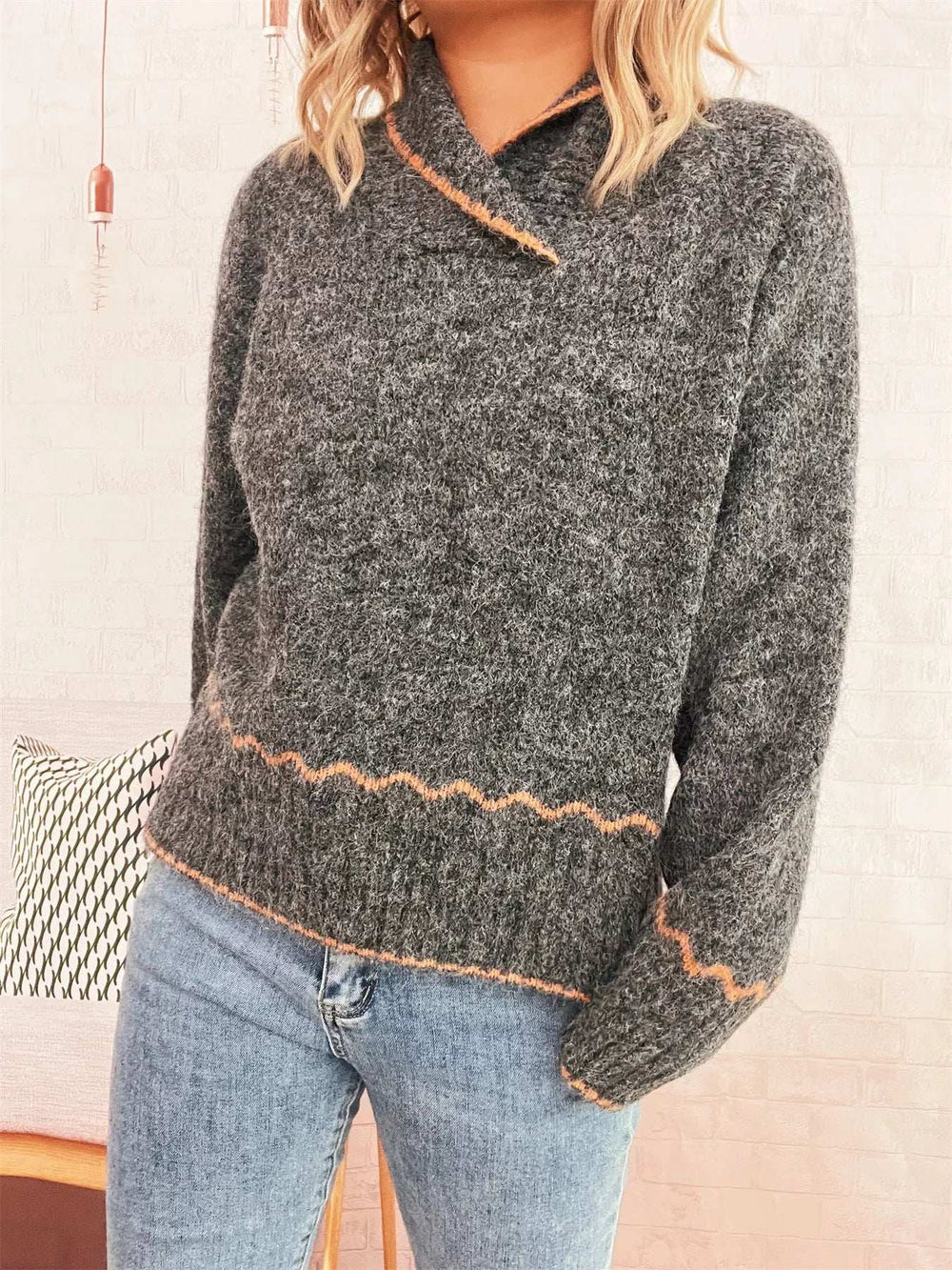 Ribbed Contrast Trim Long Sleeve Sweater - Trendsi - Flyclothing LLC