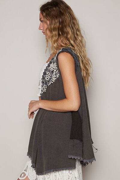 POL Embroidered Pearls Open Front Sleeveless Cardigan - Trendsi - Flyclothing LLC
