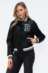 Love Me Now PU Leather Contrast Snap Down Bomber Jacket - Trendsi
