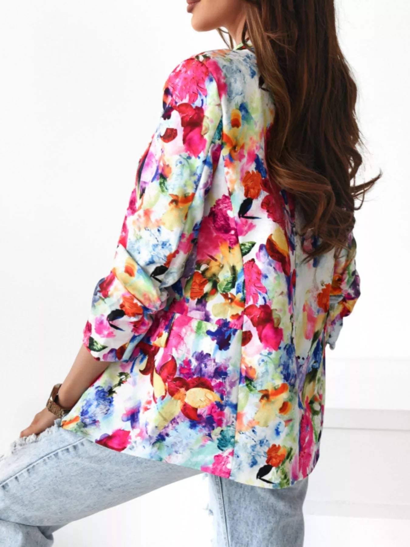 Vibrant Floral Print Open Front Blazer - Trendsi - Flyclothing LLC
