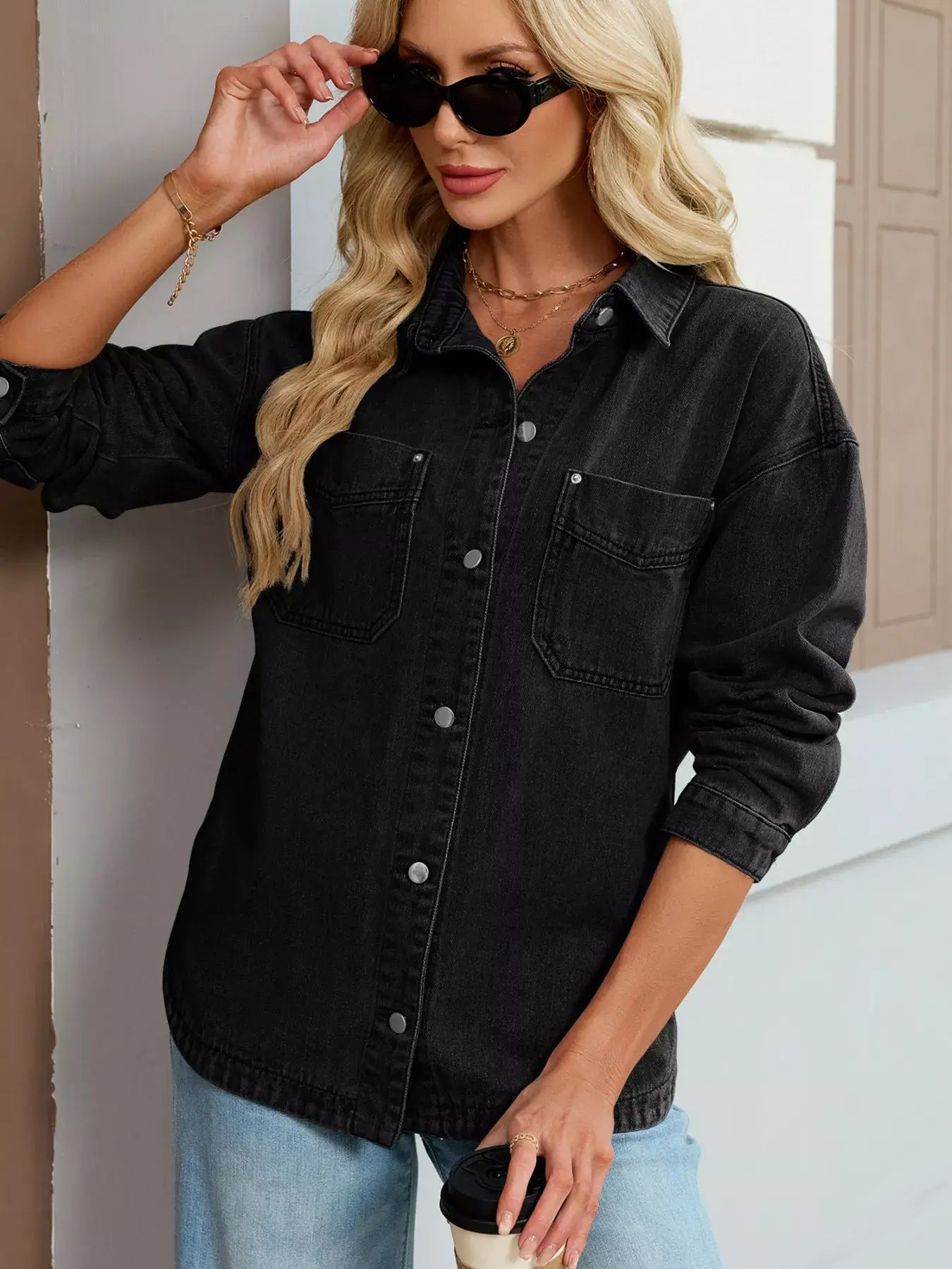 Button Up Dropped Shoulder Denim Jacket - Trendsi - Flyclothing LLC