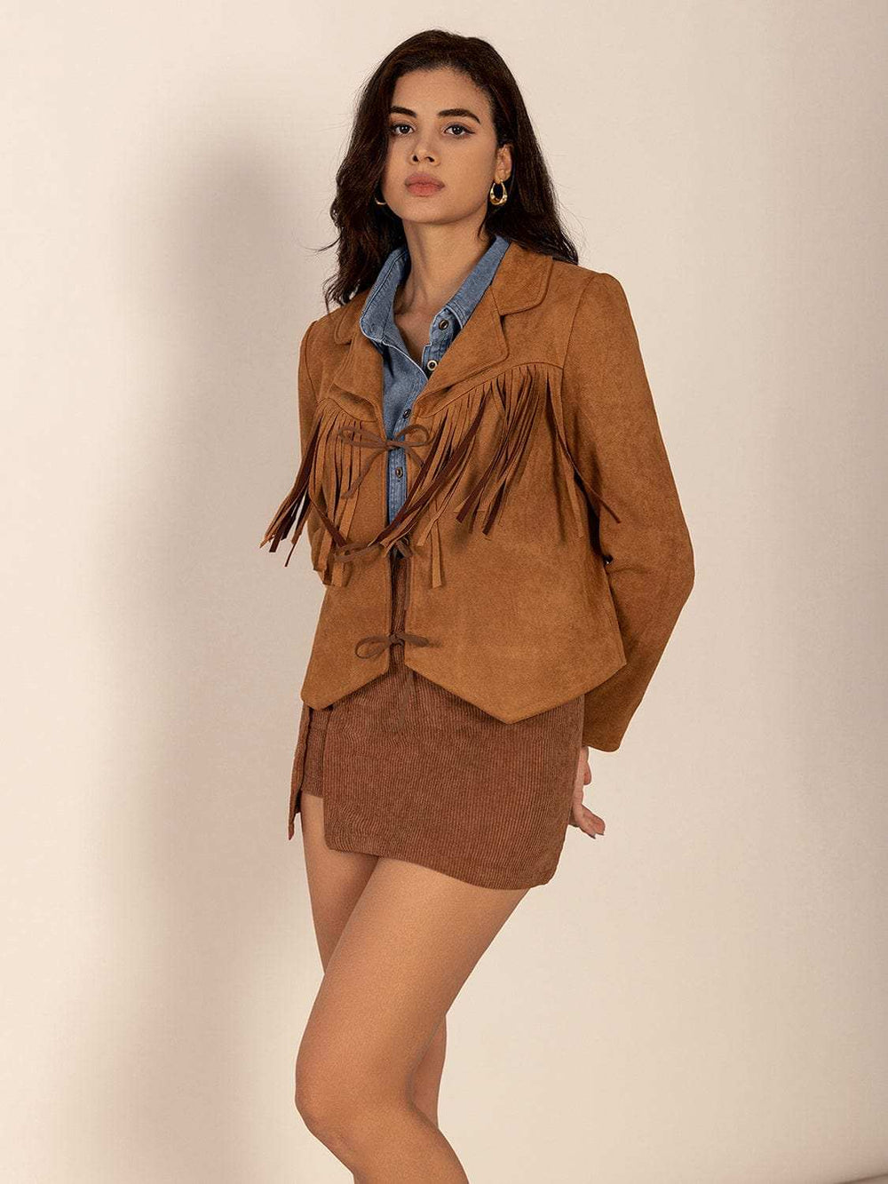 Tied Tassel Collared Neck Long Sleeve Jacket - Trendsi - Flyclothing LLC