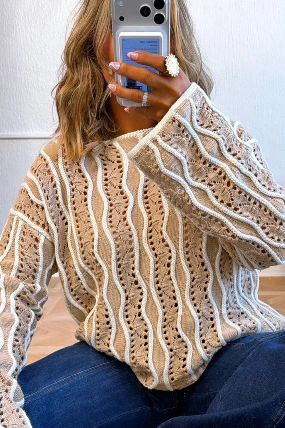 Contrast Wavy Striped Openwork Knit Top - Trendsi - Flyclothing LLC
