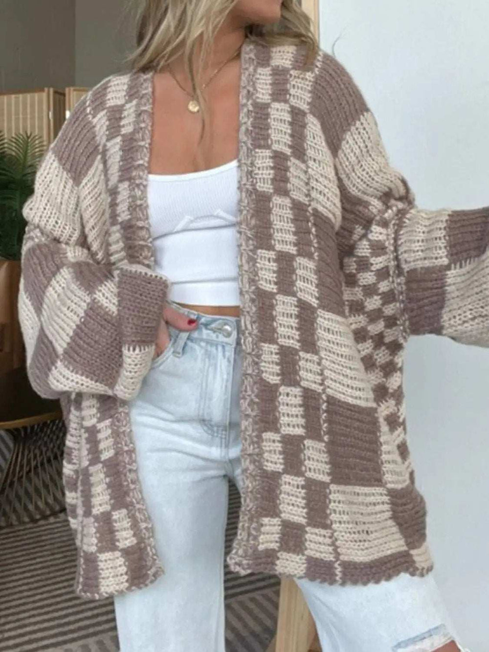 Plaid Open Front Long Sleeve Cardigan - Trendsi - Flyclothing LLC