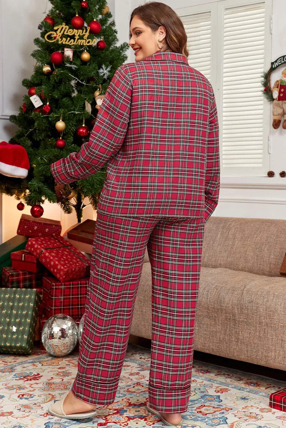 Plus Size Plaid Collared Neck Top and Pants Lounge Set - Trendsi - Flyclothing LLC