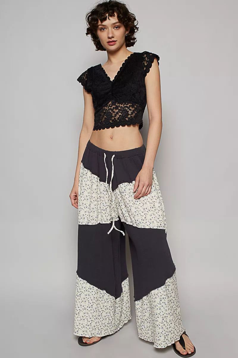 POL Contrast Floral Drawstring Wide Leg Pants - Trendsi - Flyclothing LLC