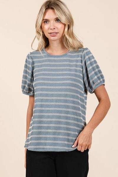 Mittoshop Contrast Striped Short Puff Sleeve Knit Top - Trendsi - Flyclothing LLC