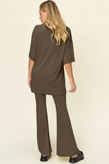 Double Take Full Size Round Neck Drop Shoulder T-Shirt and Flare Pants Set - Trendsi - Flyclothing LLC