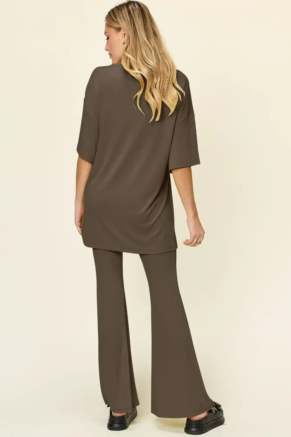 Double Take Full Size Round Neck Drop Shoulder T-Shirt and Flare Pants Set - Trendsi - Flyclothing LLC