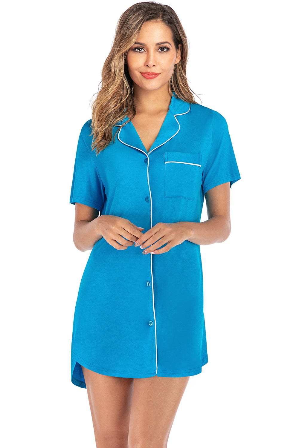 Contrast Piping Pocketed Short Sleeve Lounge Dress - Trendsi - Flyclothing LLC