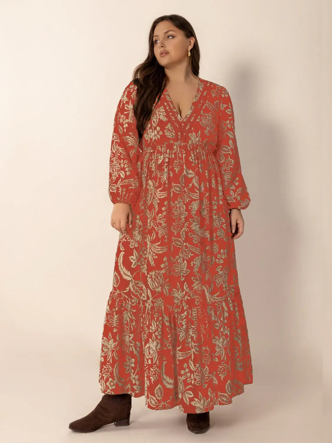 Plus Size Lace Detail Printed Balloon Sleeve Midi Dress - Trendsi - Flyclothing LLC