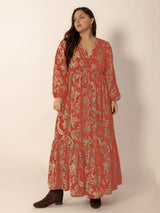 Plus Size Lace Detail Printed Balloon Sleeve Midi Dress - Trendsi - Flyclothing LLC