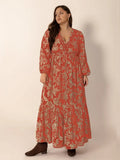Plus Size Lace Detail Printed Balloon Sleeve Midi Dress - Trendsi